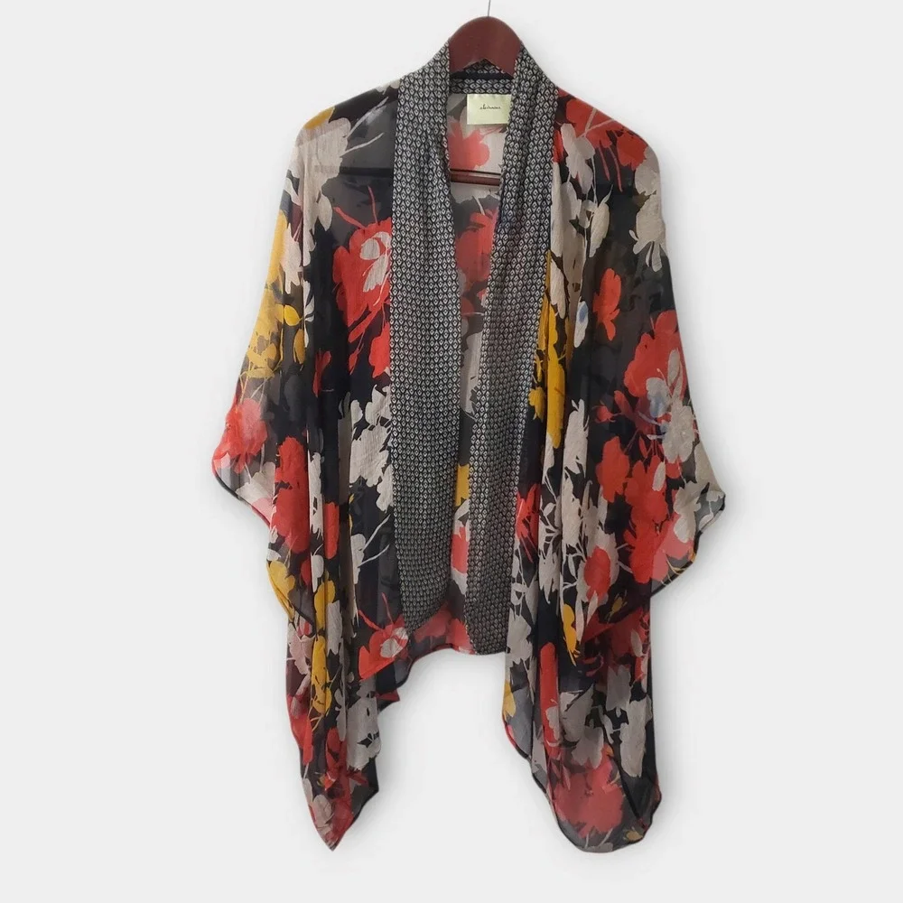Elevenses Anthropologie 100% Silk Sheer Chiffon Floral Kimono Wrap OS Black Red